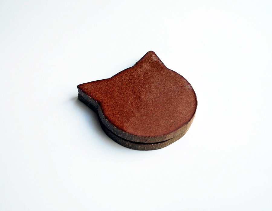 Modern Cat Coasters, Rust Brown, Set of 2, Ceramic, Pottery, Makes a great gift for your cat-lover friends