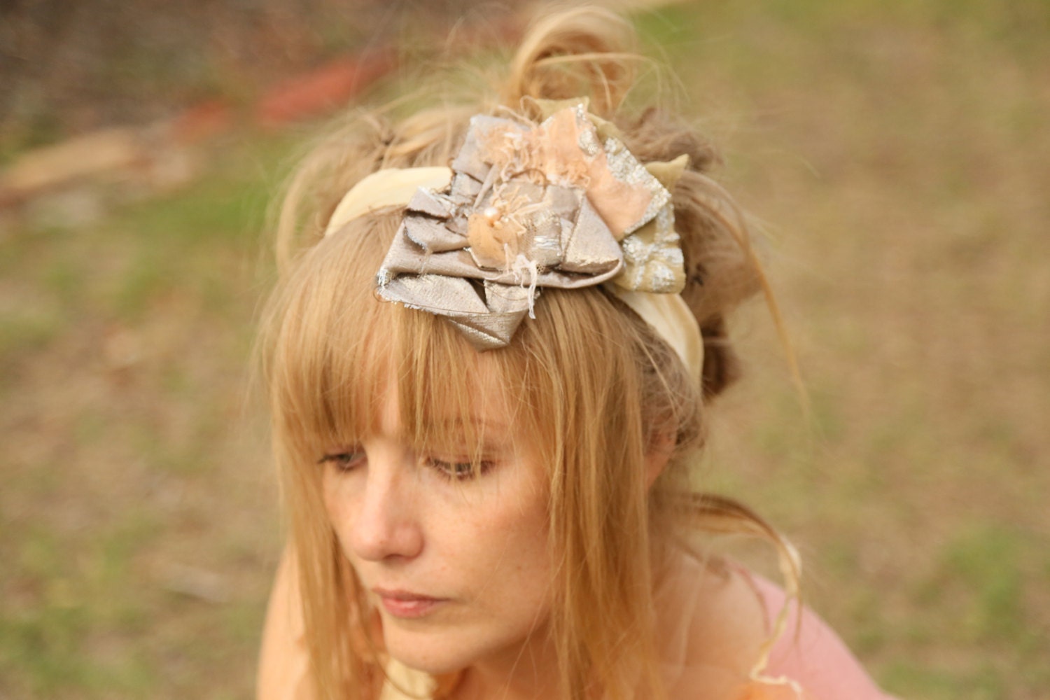 Head Armour, Silver Silk embroidered Hair Piece. Silver Fascinator. Silver Silk Brooch. Silk necklace