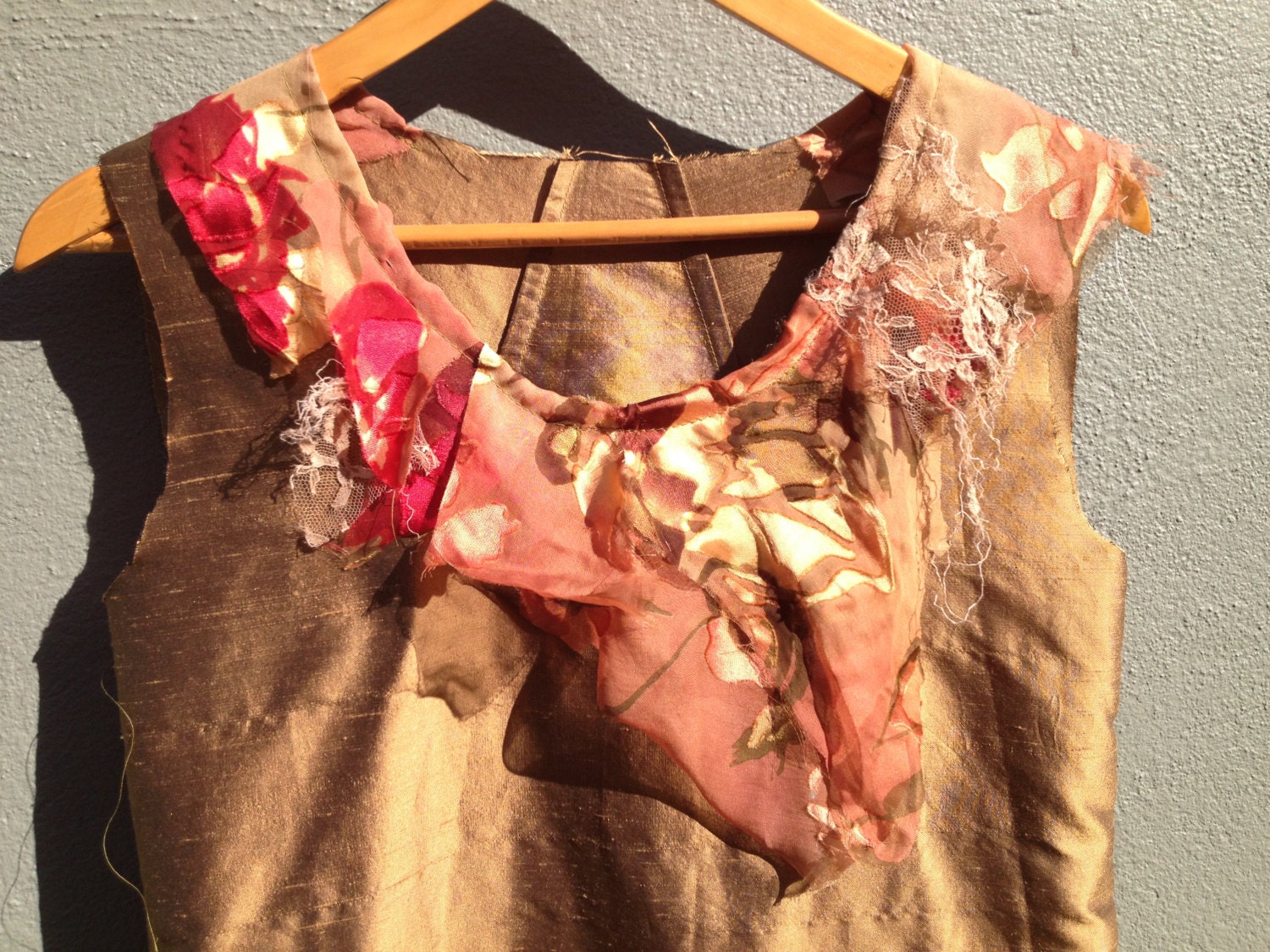 Experimental Gold silk Tunic Top. Asymmetrical silk flower tunic. Olive Gold silk blouse, by RawHemline