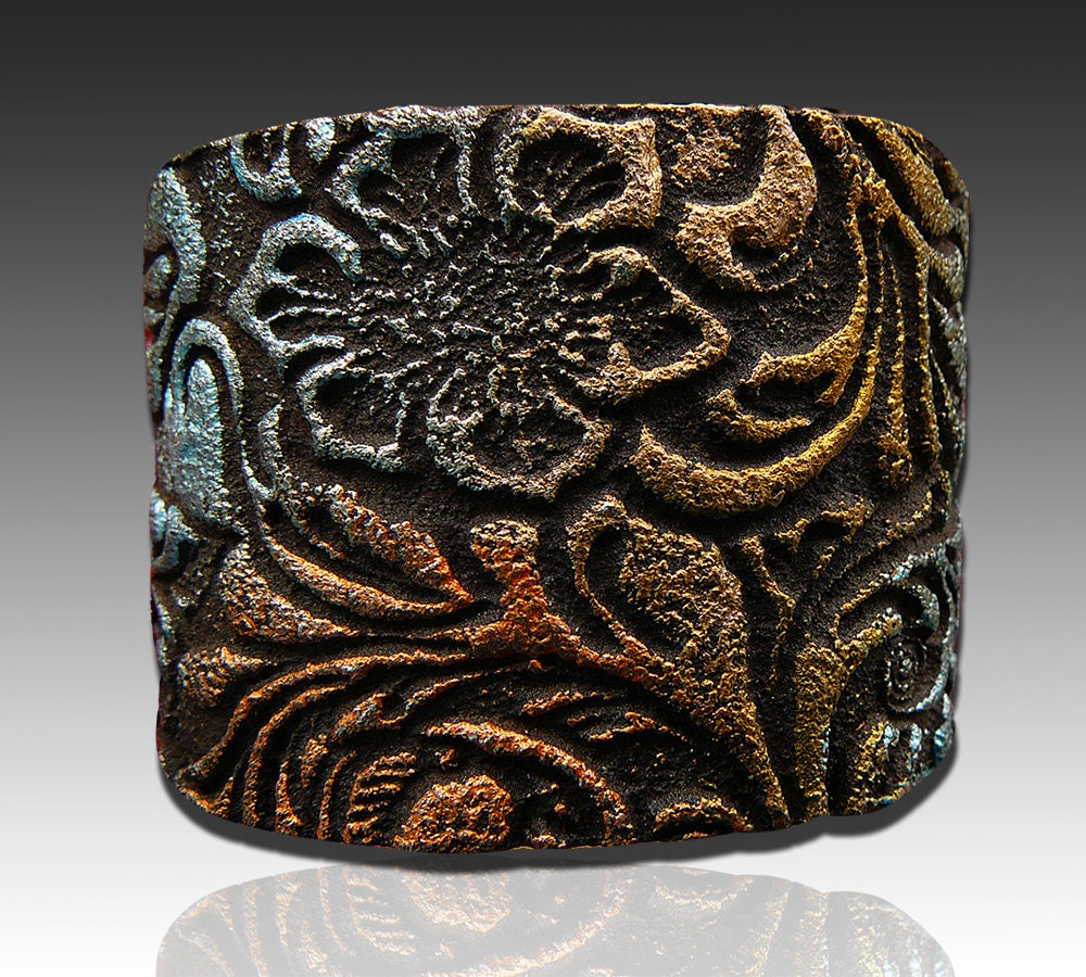 Blossoms textured polymer clay cuff bracelet