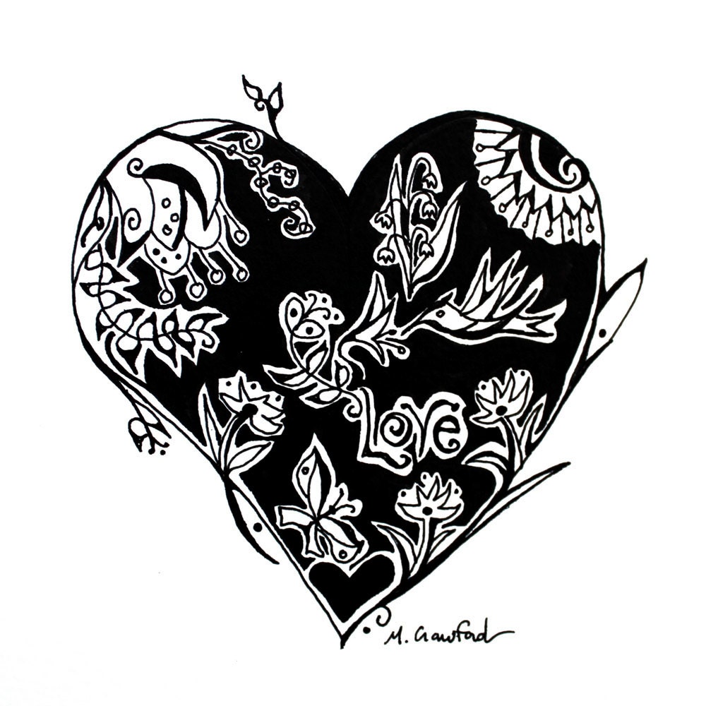 Love Heart with Hummingbird, Flowers and Butterfly, Original Ink Drawing
