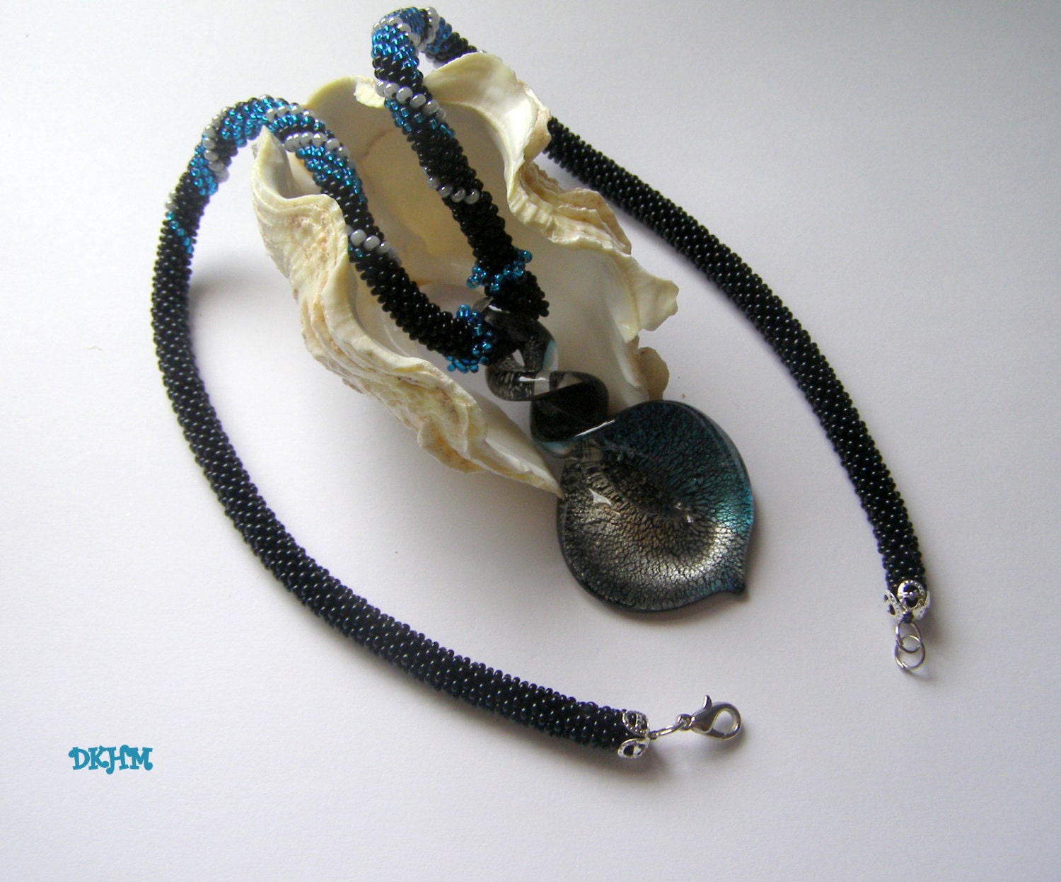 Crocheted necklace with lampwork silver grey and blue pendant, magic lampwork collection