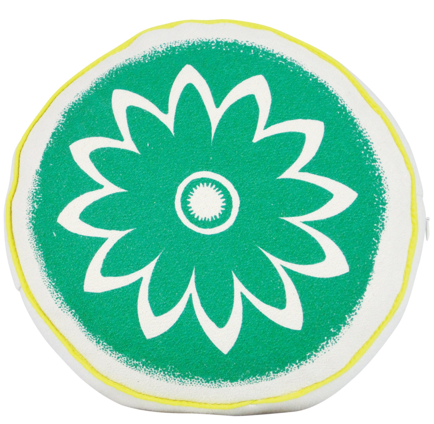 Round Pillow, 12" Teal, Floral Sunflower, Reversible, Hand Printed on Cotton Bark Cloth, Ships Free
