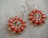 Iridescent Pink and Silver Flower Beaded Earrings