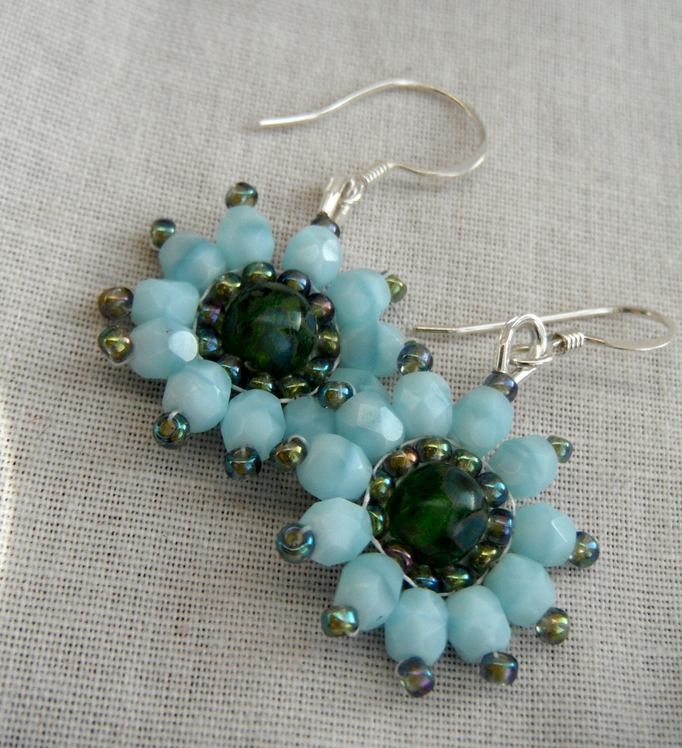 Opaque Aqua and Green Flower Beaded Earrings