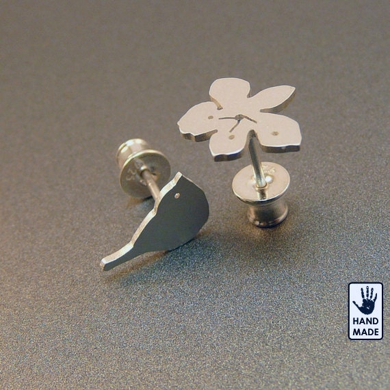 Tiny flower & bird silver sterling   earrings, handmade
