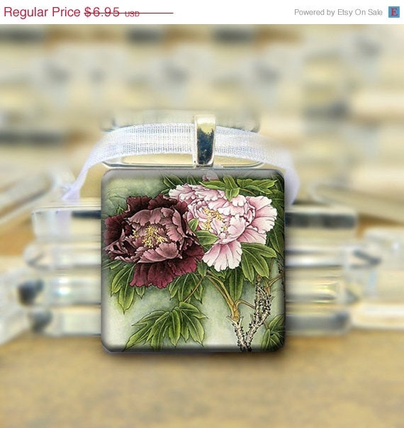 SALE Vintage Purple Peonies Tile Pendant necklace