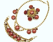 Vintage Necklace Bracelet Brooch In Orange Striped Lucite & Sparkling Citrine Rhinestones