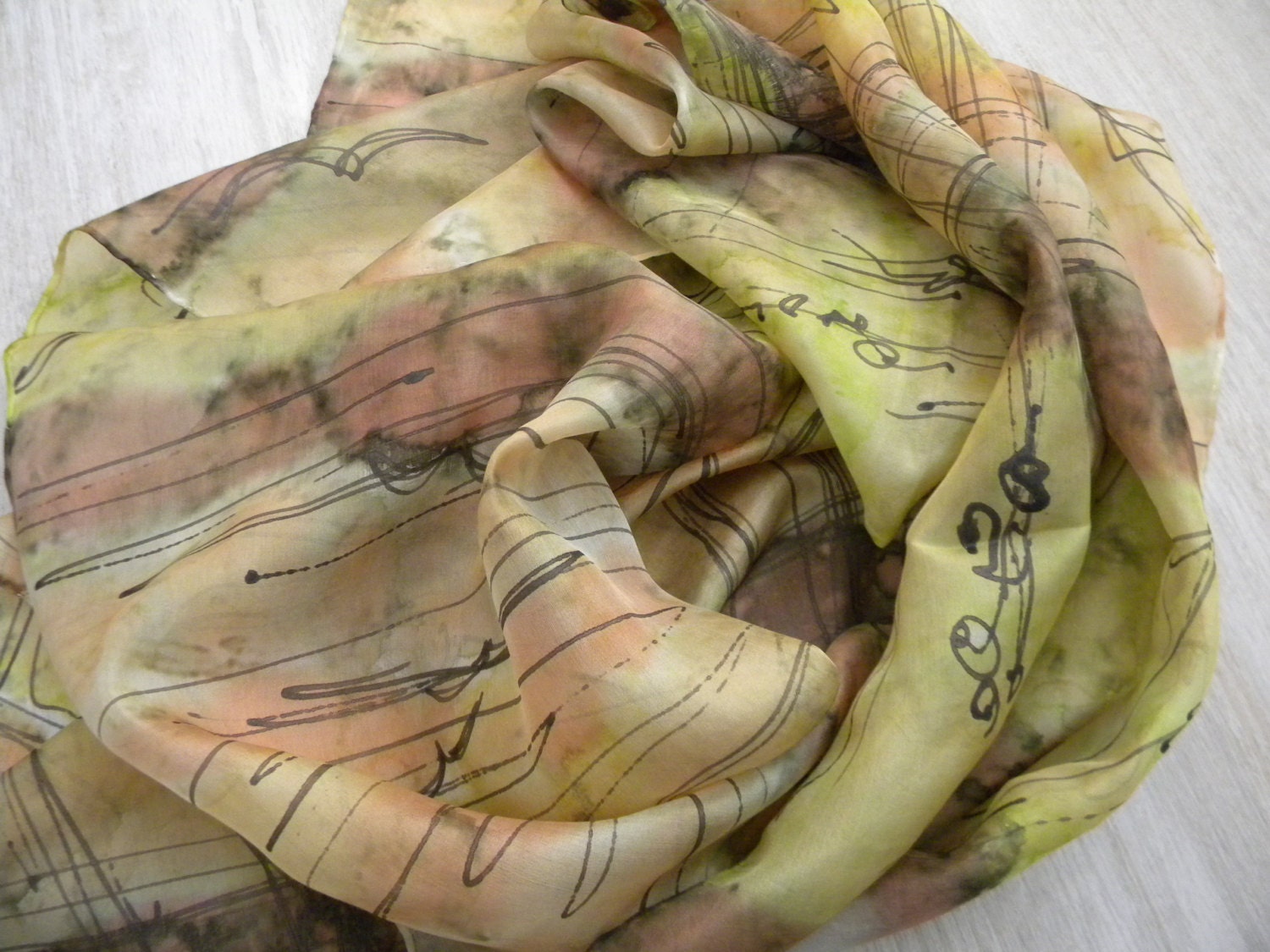 Swamp Lake hand painted silk scarf. Ecru, pastel yellow, peach, pistachio green, brown silk scarf. Natural hand painted silk scarf OOAK.