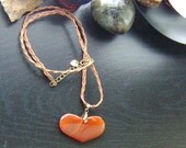 Carnelian Agate Gemstone Heart Necklace -Choker on Tan Braided Leather-Tangerine, Dark Orange