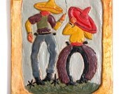Vintage 1937 Bow-Legged California Cowboys on Plaster Plaque for Wall