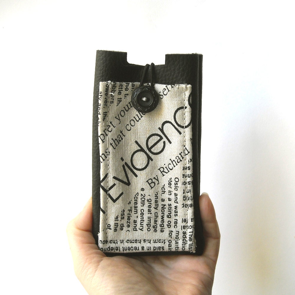 Unisex newspaper iPhone cell case iPod black eco leather with pocket