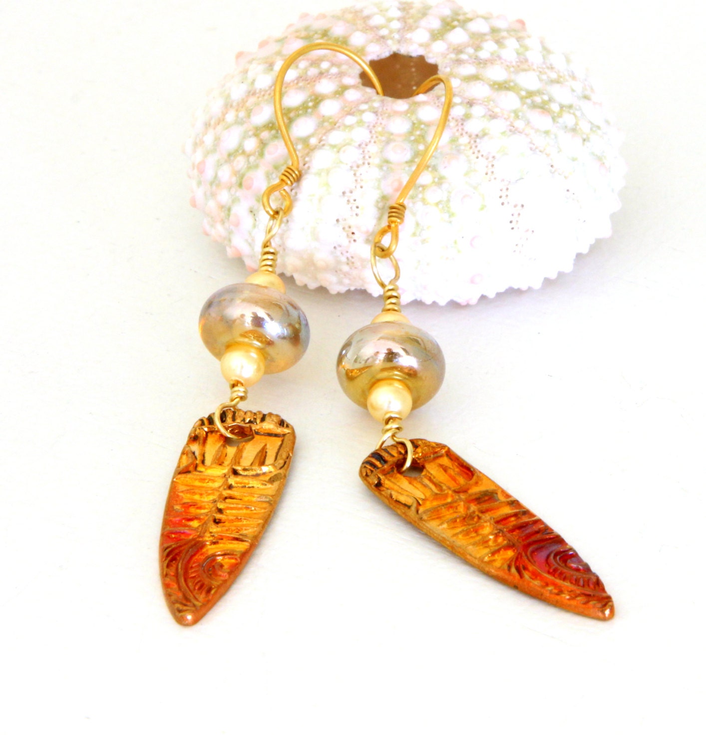 Gold Tribal Bead Earrings. Gold & Copper Ethnic Dangle Earrings. Artisan Metalwork Earrings. Glass Beaded Earrings. Gypsy Boho Earrings.