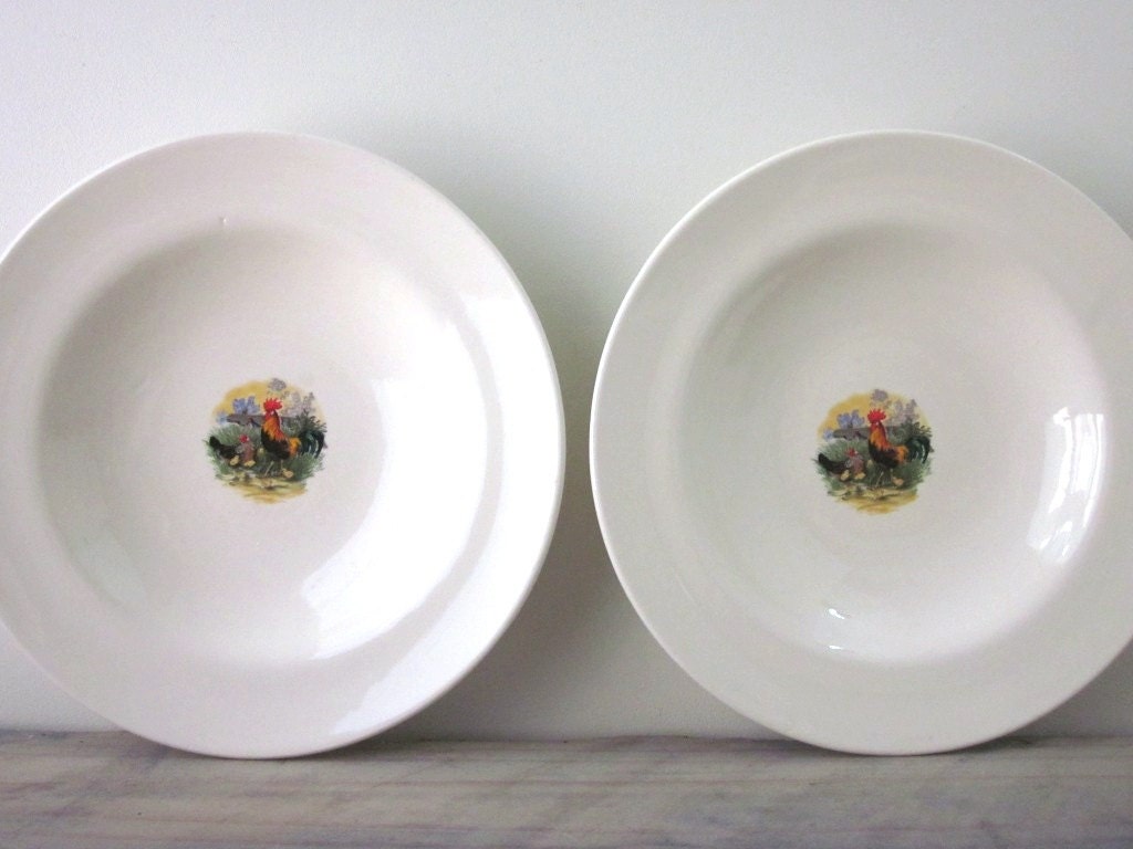 White Bowls with Rooster, Chicken, and Chicks Set of Two