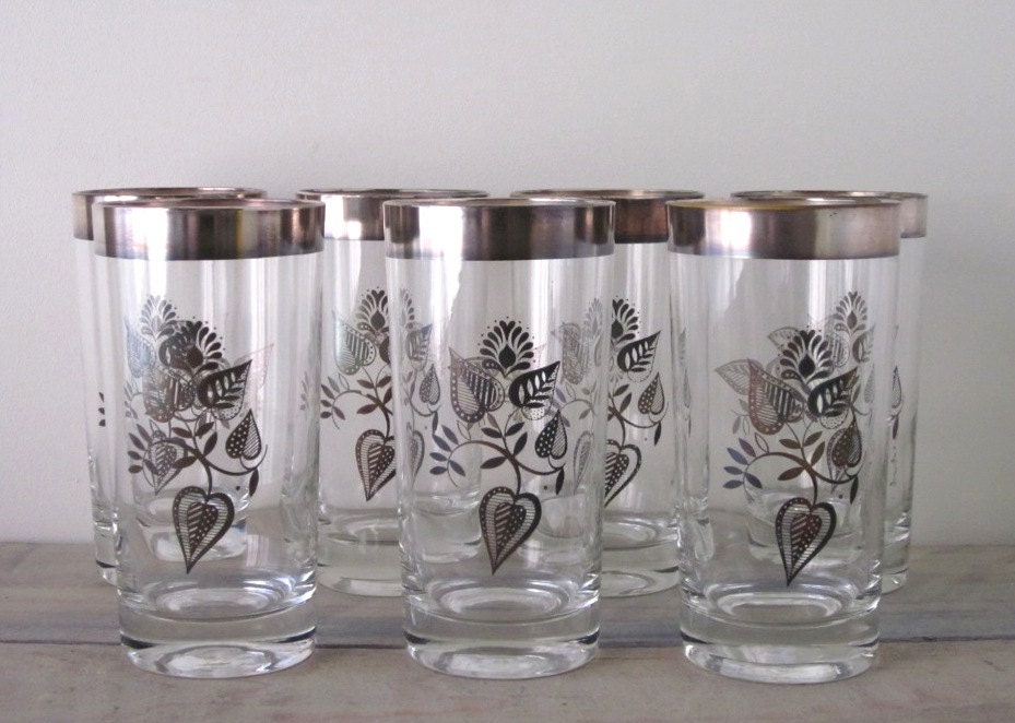 Georges Briard Silver Trim Highball Cocktail Glasses Set of Seven Barware