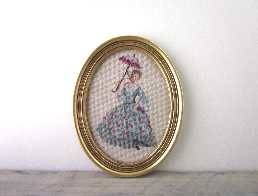 Vintage Needlepoint Woman with Parasol Picture in Gold Wood Frame