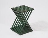 Antique Folk Art Green Wooden Table - Primitive Handmade Painted Slat Wood End Table - Country Farmhouse