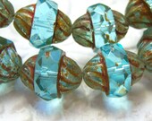 Czech aqua turbine picasso glass bead lot of (15) - MH270