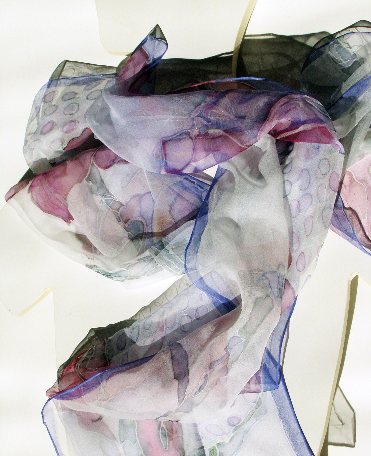 Silk scarf hand dyed on natural chiffon silks - Blue flowers - 18x72