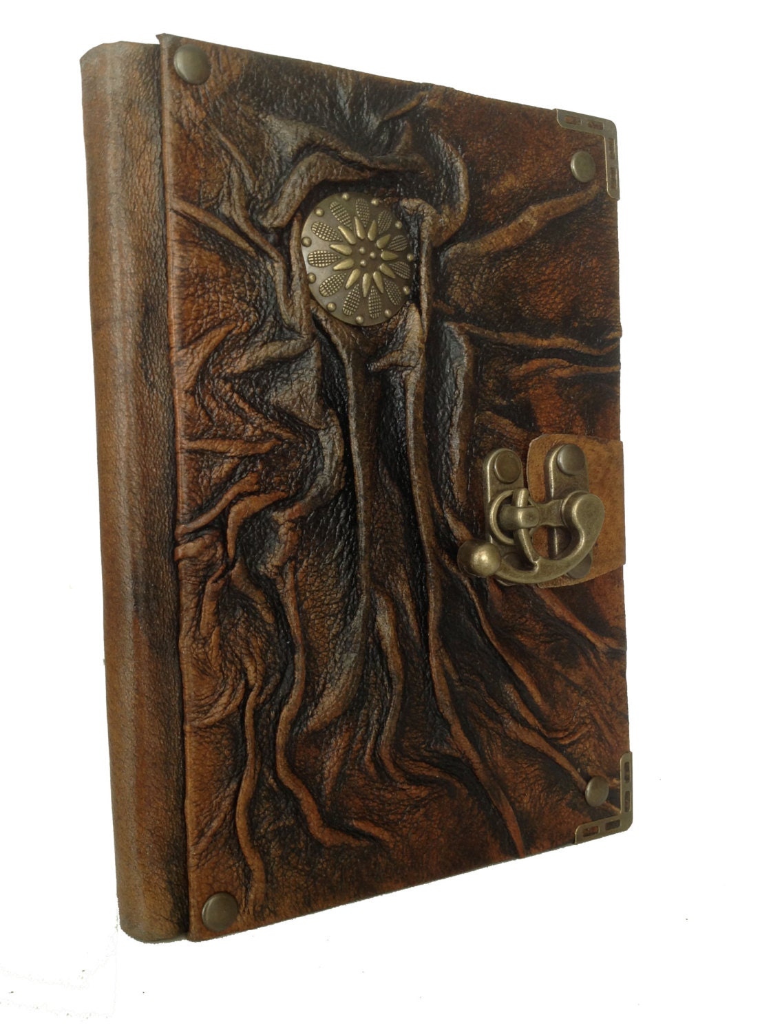 Handmade creased antique bronze sun pendant rustic brown leather journal notebook sketchbook