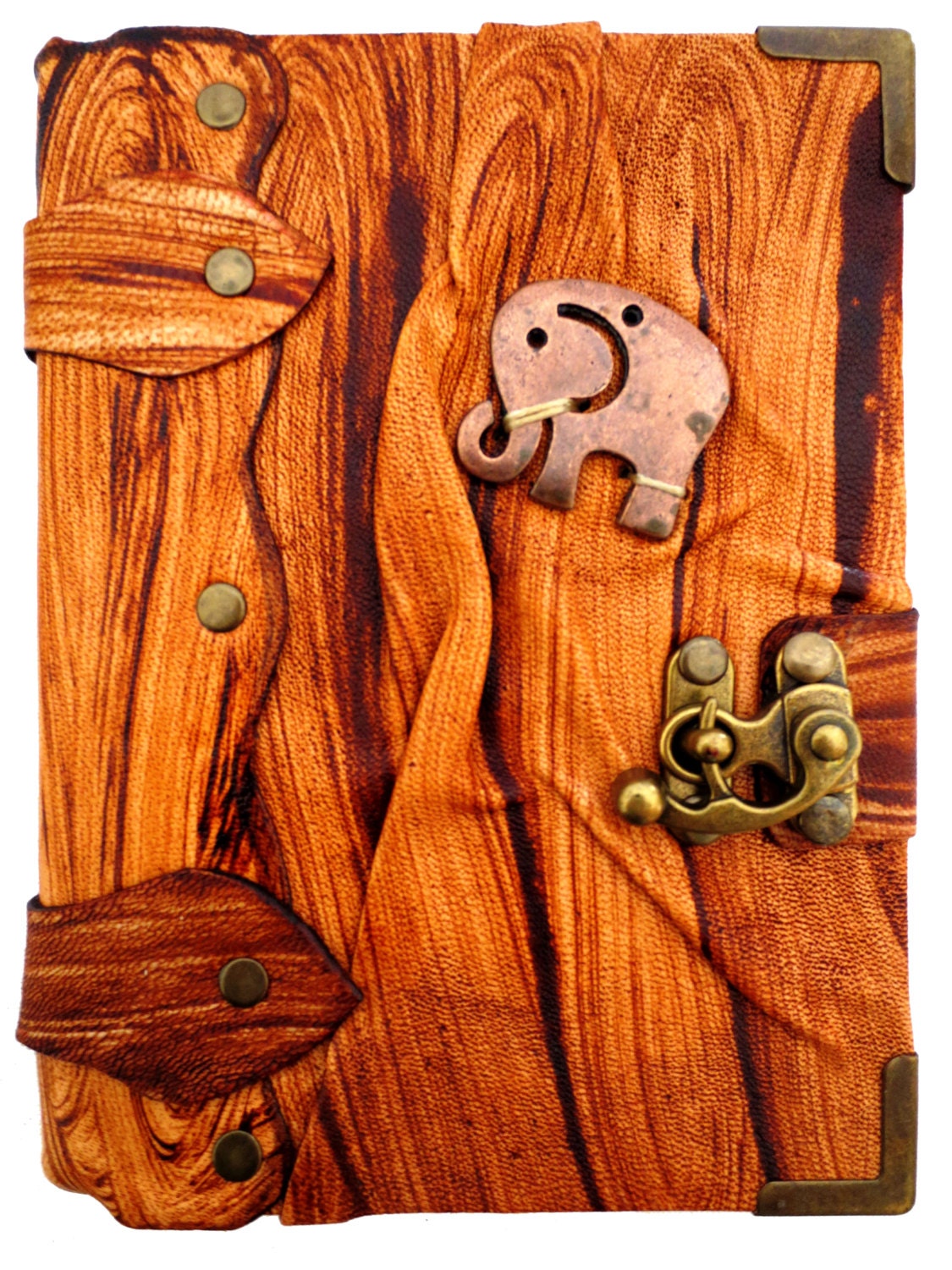 Handmade antique brass elephant rustic brown leather journal notebook sketchbook