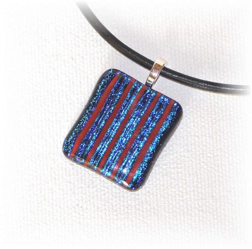 Fused Glass Jewelry Pendant Necklace -  Blue Dichroic Glass with Red Stripes