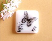 Fused Glass Magnet White Glass with Black Butterfly Decal