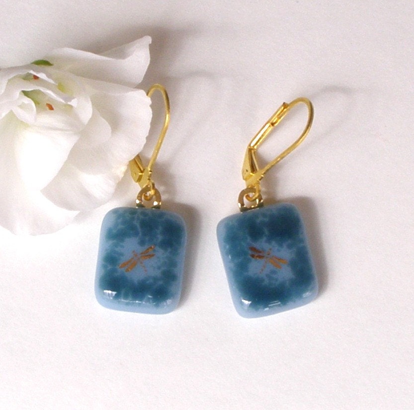 Gold Dragonfly Fused Glass Earrings - Smokey Light and Dark Blue