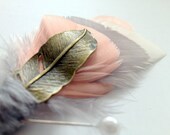 OMBRE Feather Boutonniere in Ivory, Blush, Grey and Coral with Brass Feather