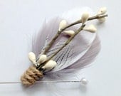 COHEN Feather Boutonniere in Grey and White with Twine and Ivory Millinery Berries