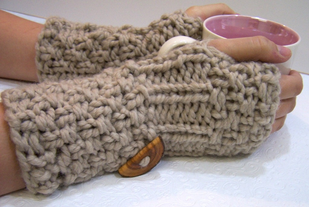Long Chunky Knit Fingerless Mittens, Fingerless Mittens With Button Cuffs, Linen, Cream, Almond
