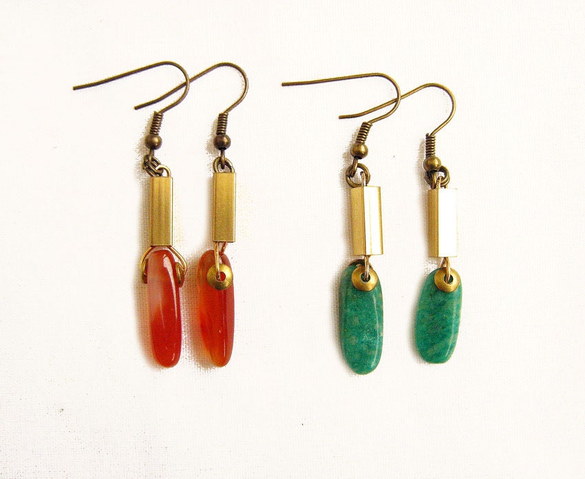 Amazonite Dangle Earrings, Brass Bar Geometric Earrings with Green OR Orange Amazonite Gemstones