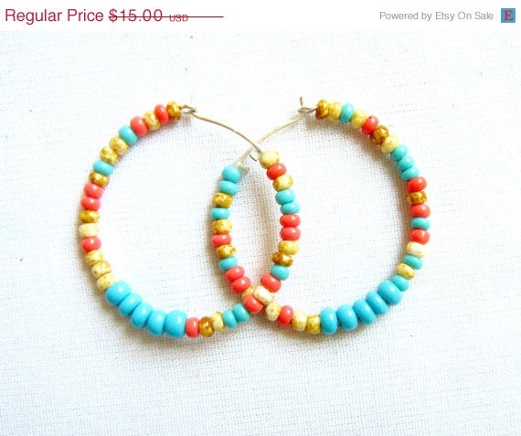 SUMMER SALE Multicolor Hoop Earrings, Tropical Rainbow,  handmade color block beaded hoops on sterling silver