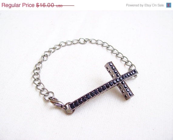SUMMER SALE Black Sideways Cross Bracelet - Emerald, Pearl or Gunmetal Side Cross Bracelet