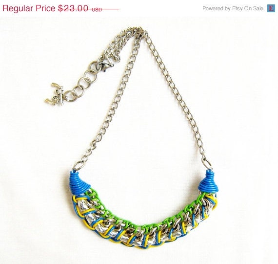 SUMMER SALE Neon  Woven Necklace - blue, green, yellow and chunky chains, Handmade Bib Necklace