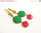 SUMMER SALE Jewel Tone Dangle Earrings in Emerald Green and Pink - Color Dot Collection - Handmade Polymer Clay Statement Earrings