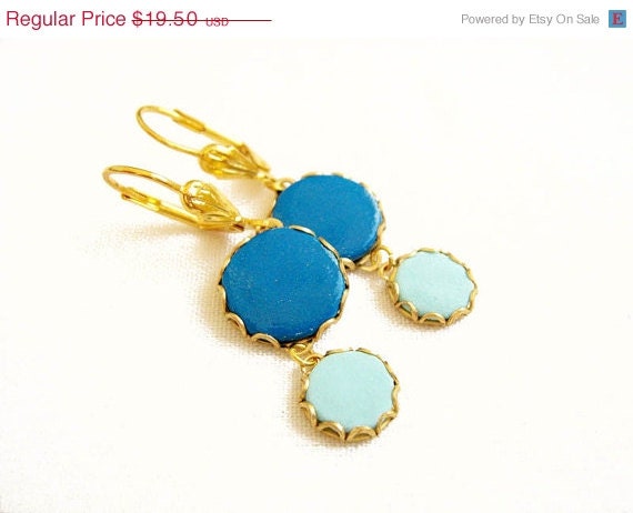 SUMMER SALE Aqua Blue Dangle Earrings, Polymer Clay Cabochon Earrings - Color Dot Collection - Handmade Polymer Clay Statement Earrings