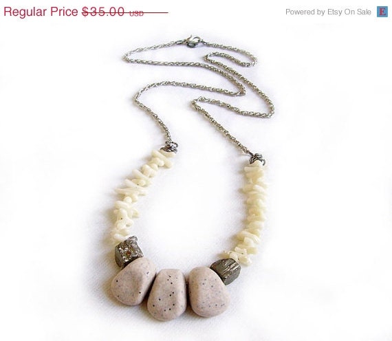 SUMMER SALE Coral Pyrite Necklace - Bianca - White Coral, Polymer Clay, Pyrite - Semiprecious Jewelry - Primitive Organics Collection