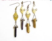 SUMMER SALE Triangle Geometric Quartz Earrings, Gold Quartz Earrings or  Black Titanium Quartz - Your Choice