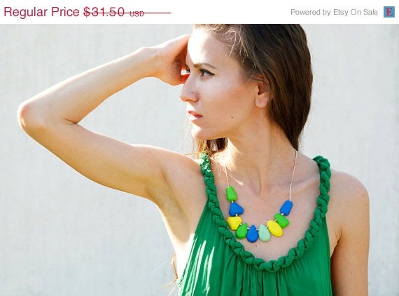 SUMMER SALE Neon Statement Necklace in Blue Green Yellow, Polymer Clay Gem Necklace, Gem Candy Collection