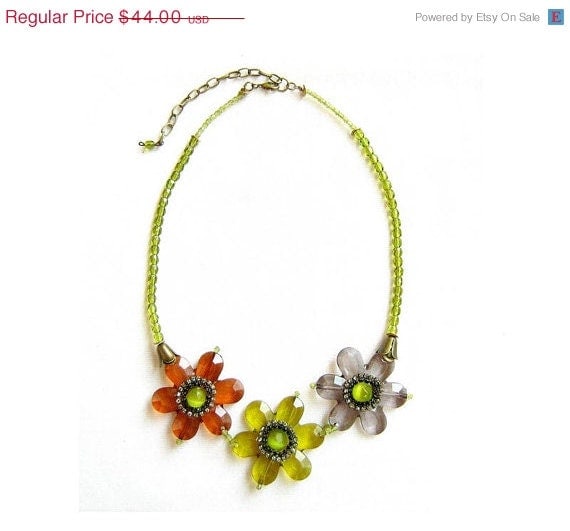 SUMMER SALE Flower Statement Necklace, Green, Amber Brown, Grey - Handmade Beaded Necklace