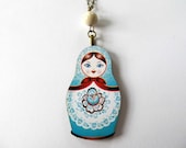 Russian doll necklace, nesting doll, Matryoshka doll, wood necklace with beads, silver chain