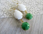 Vintage white and green dangle earrings, bohemian earrings, art deco, gold ear wires