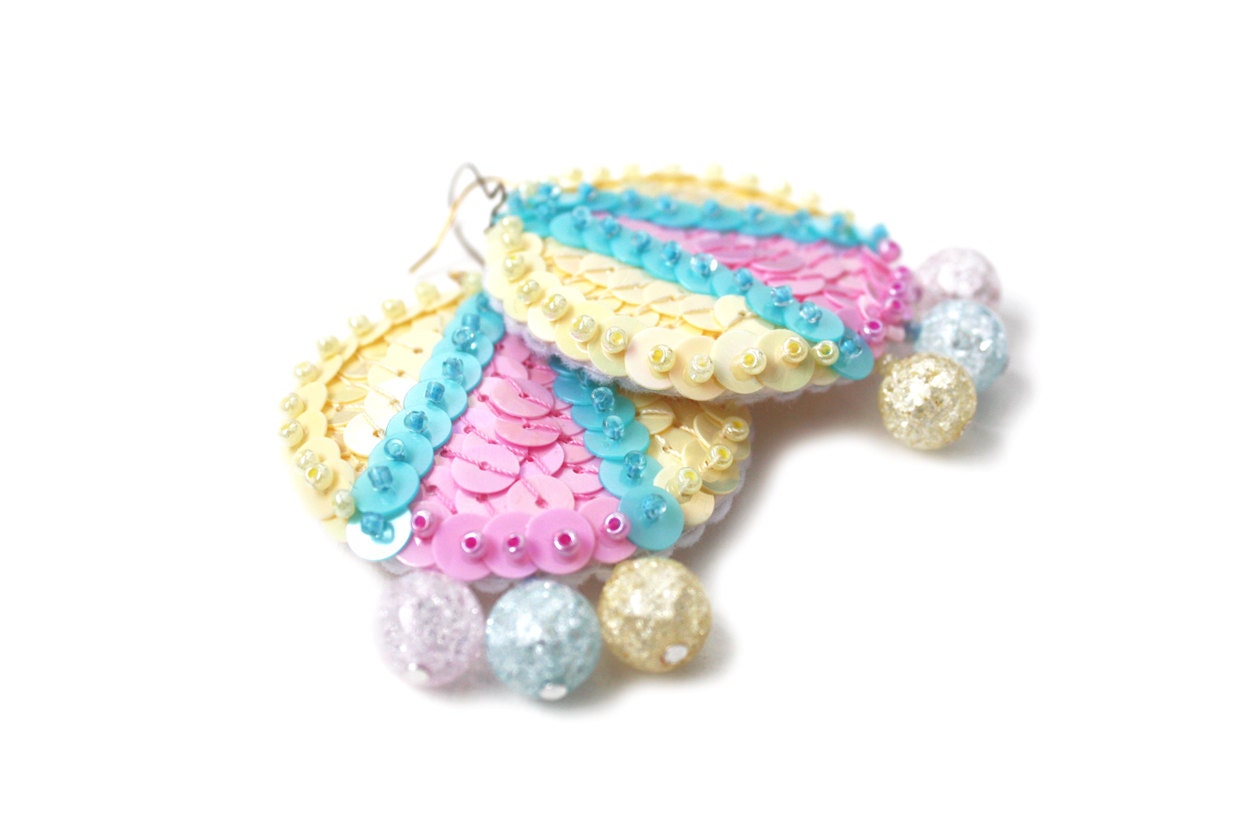Colorful Earrings Pastel Pale Pink Yellow Sequins Drops