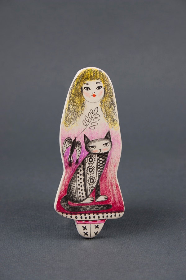 Cat, Bird and Little Girl - Air Dry Clay Brooch with a Drawing