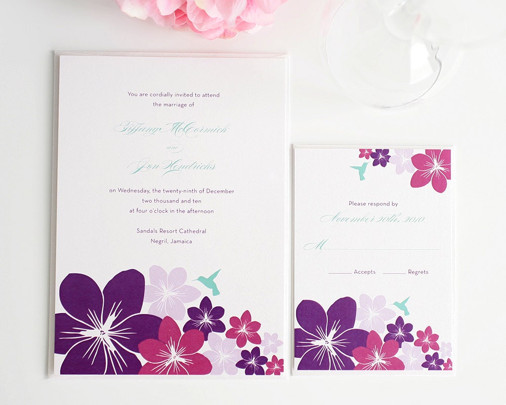 Destination Wedding Invitations - Pink, Purple, Tropical, Hummingbird, Summer Caribbean Beach Wedding - Deposit to Get Started