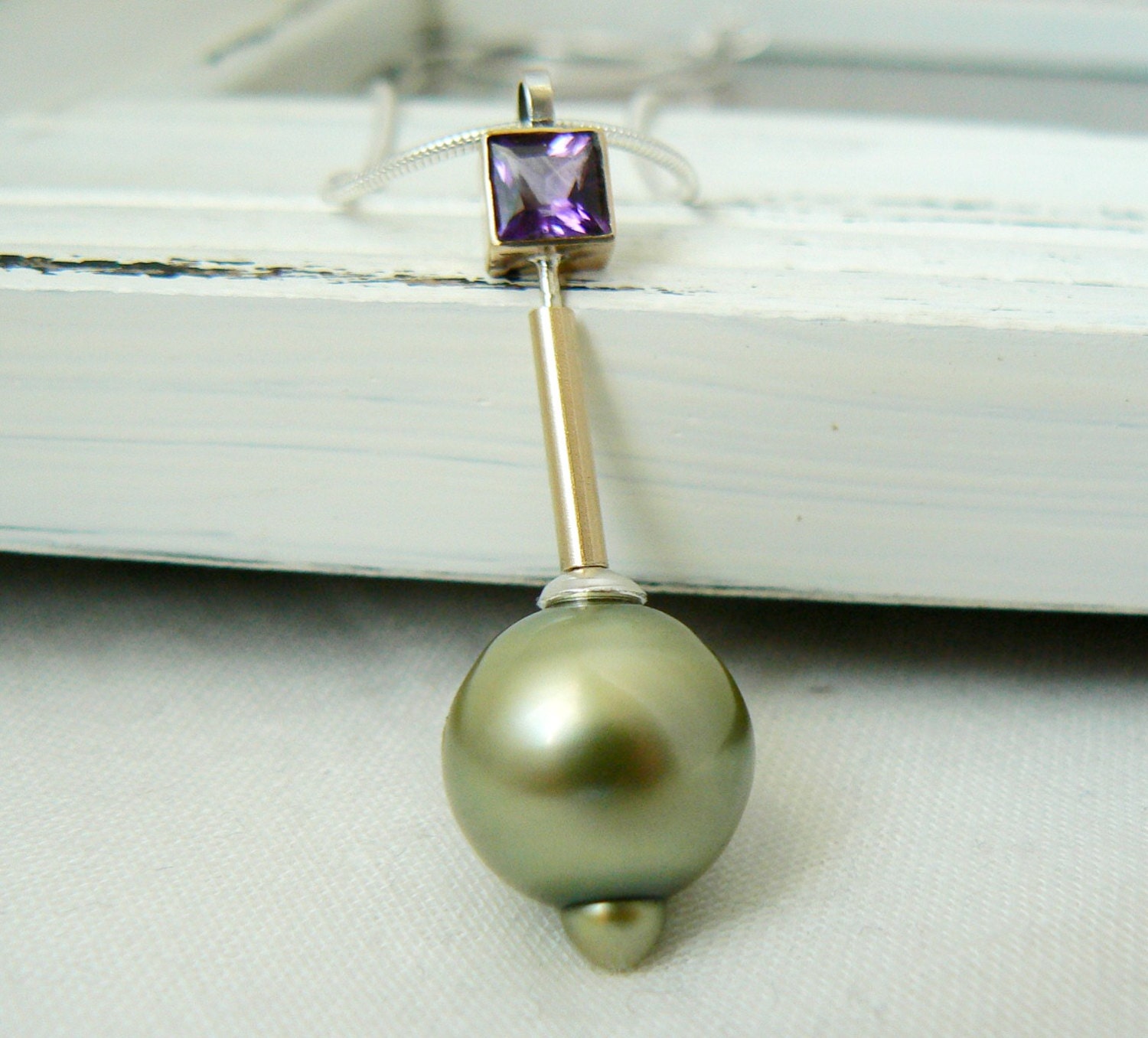 12.5 mm Tahitian Pearl Pendant with Amethyst - Silver and 14k Solid Yellow Gold - VirginieMartinStudio