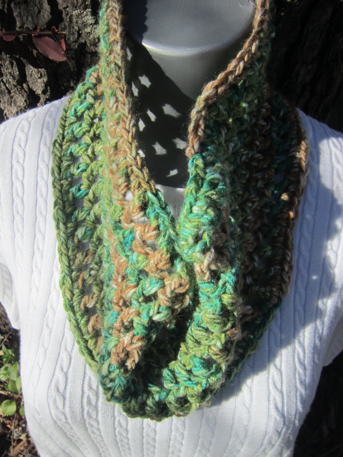 Green and Brown Crocheted Infinity Cowl