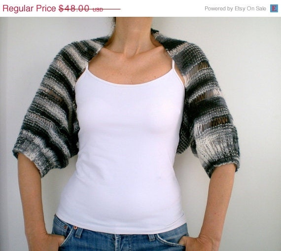 ON SALE 40 % OFF Knit Short Sleeve  Bolero Shrug Blended Black White Fall Winter Fashion