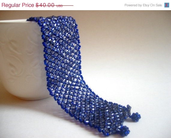 ON SALE 40 % OFF Glitter Dark Purple Blue Retro Beaded Wrist Cuff Bracelet , Handmade needle work, Gift for her for mom under 50,Free Shipp